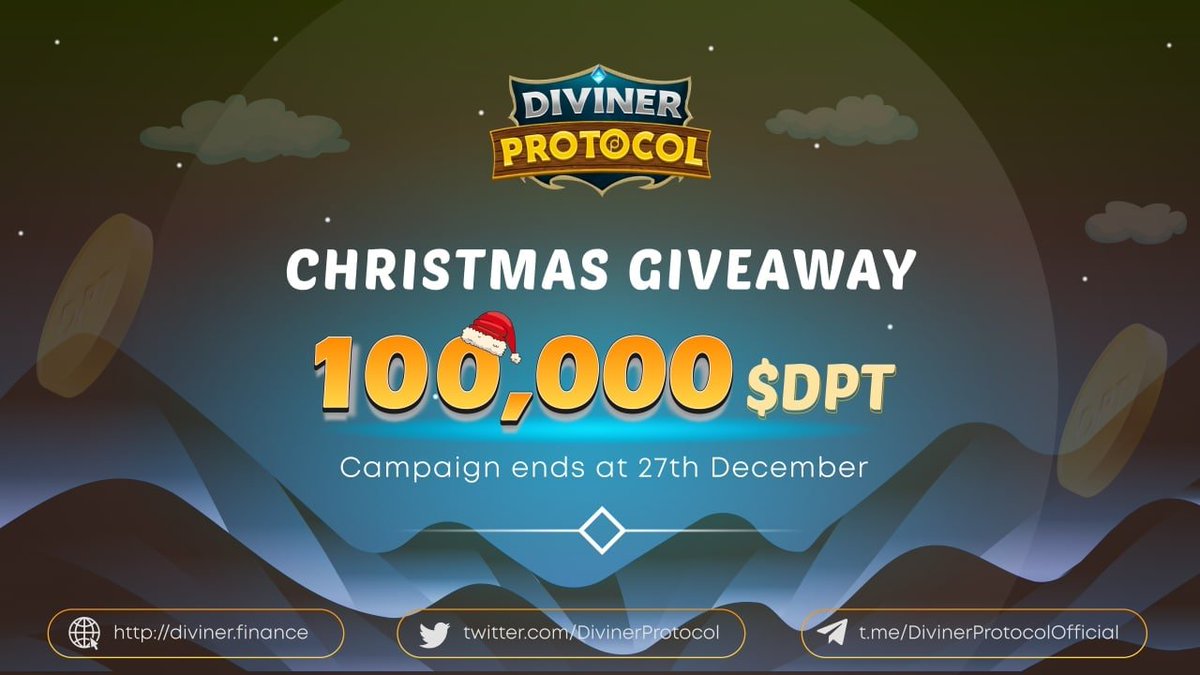 Diviner Protocol | Building Metaverse (@divinerprotocol) on Twitter photo 📣 Dear Diviners, Merry Christmas!
🔥To celebrate the upcoming IFO & IDO campaign, we have a huge gift!
🎉Rewards: 100,000 $DPT
🔸80 $DPT each for 1,000 lucky users
👫200 $DPT each for top 100 referrers
⏰Ends at 27th Dec.
💰 Join via t.me/DivinerAirdrop…
<a href="/airdropinspect/">Airdrop Inspector</a> 📣 Dear Diviners, Merry Christmas!
🔥To celebrate the upcoming IFO & IDO campaign, we have a huge gift!
🎉Rewards: 100,000 $DPT
🔸80 $DPT each for 1,000 lucky users
👫200 $DPT each for top 100 referrers
⏰Ends at 27th Dec.
💰 Join via t.me/DivinerAirdrop…
<a href="/airdropinspect/">Airdrop Inspector</a>