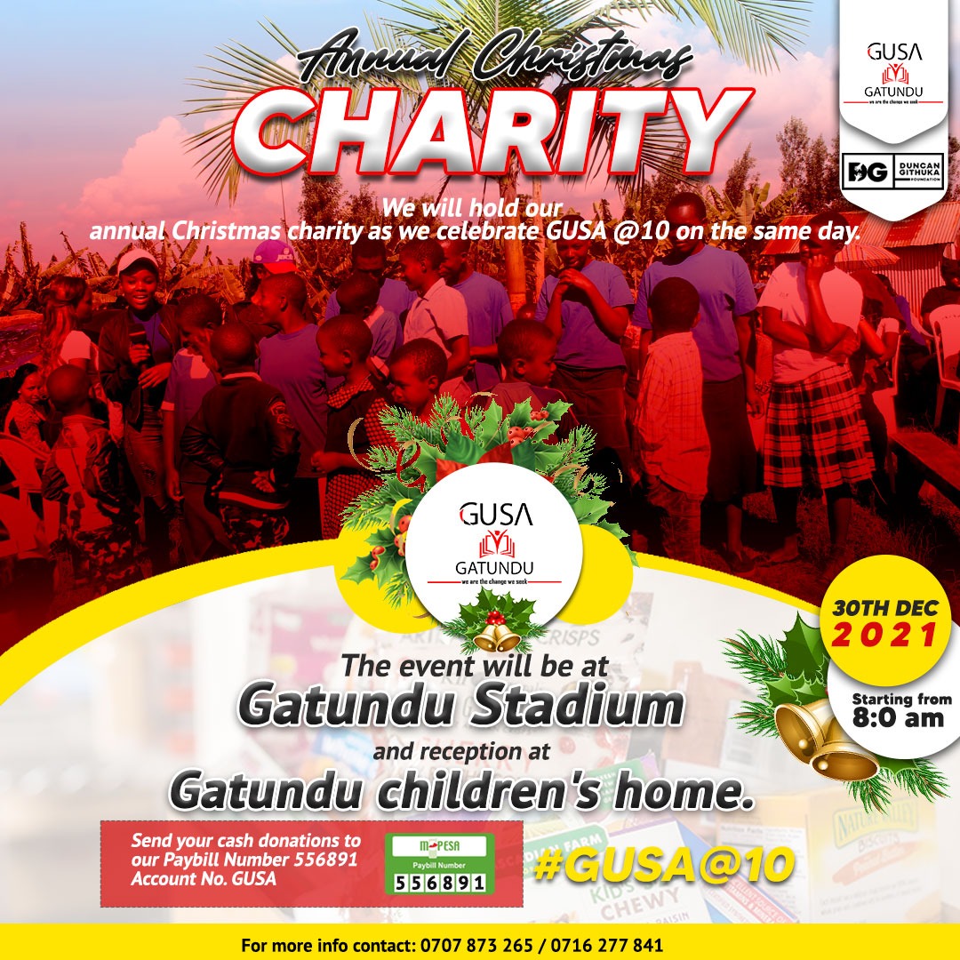 <a href="/castrofy26/">THE SEASON</a> We <a href="/gusa_gatundu/">GUSA Gatundu</a>, a Group of Alumni &amp; Students from Gatundu South &amp; North Constituencies, will be having our Annual Christmas Charity at Gatundu Stadium on the 30th of Dec.
 
#GUSAat10 🔥 

#NikujaribuTu  <a href="/gusa_gatundu/">GUSA Gatundu</a>