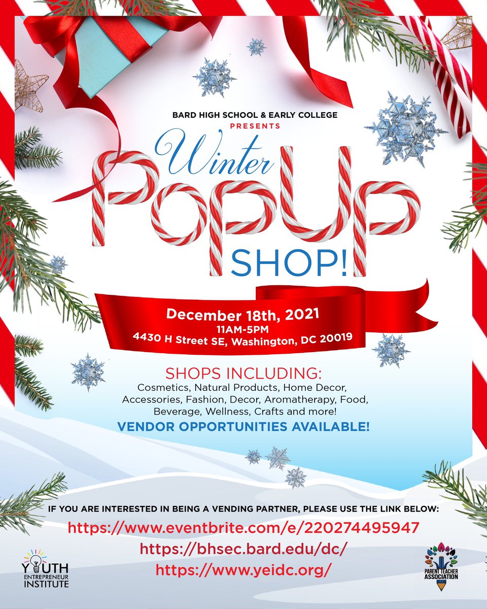 BHSEC_DC's tweet photo. Don’t forget to join us for Bard DC and YEI’s pop up shop! We have over 30 local vendors! All details below! See you there! 🎄❄️
#wearebarddc #barddc #bhsecdc https://t.co/jZ0XEZoa9K