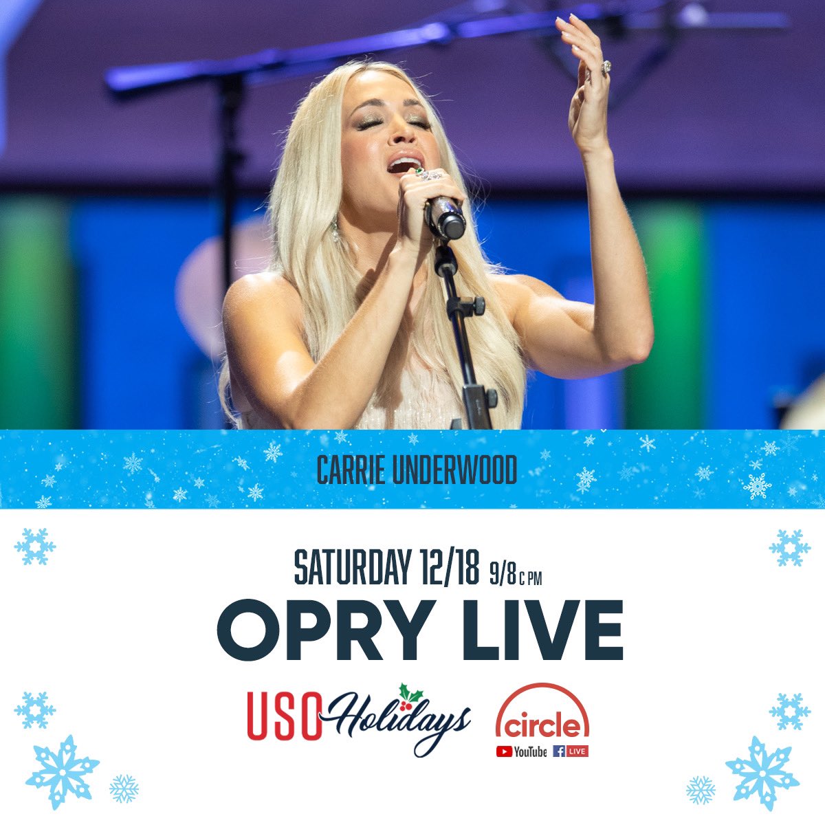 carrieunderwood's tweet photo. Carrie will be a part of the @Opry Live: USO Holiday Special on tonight at 8pm CT! Watch on Carrie’s Facebook page or @CircleAllAccess. #USOHolidays #OpryLive #MyGift 🎁 ✨-TeamCU https://t.co/Ff341ratF2