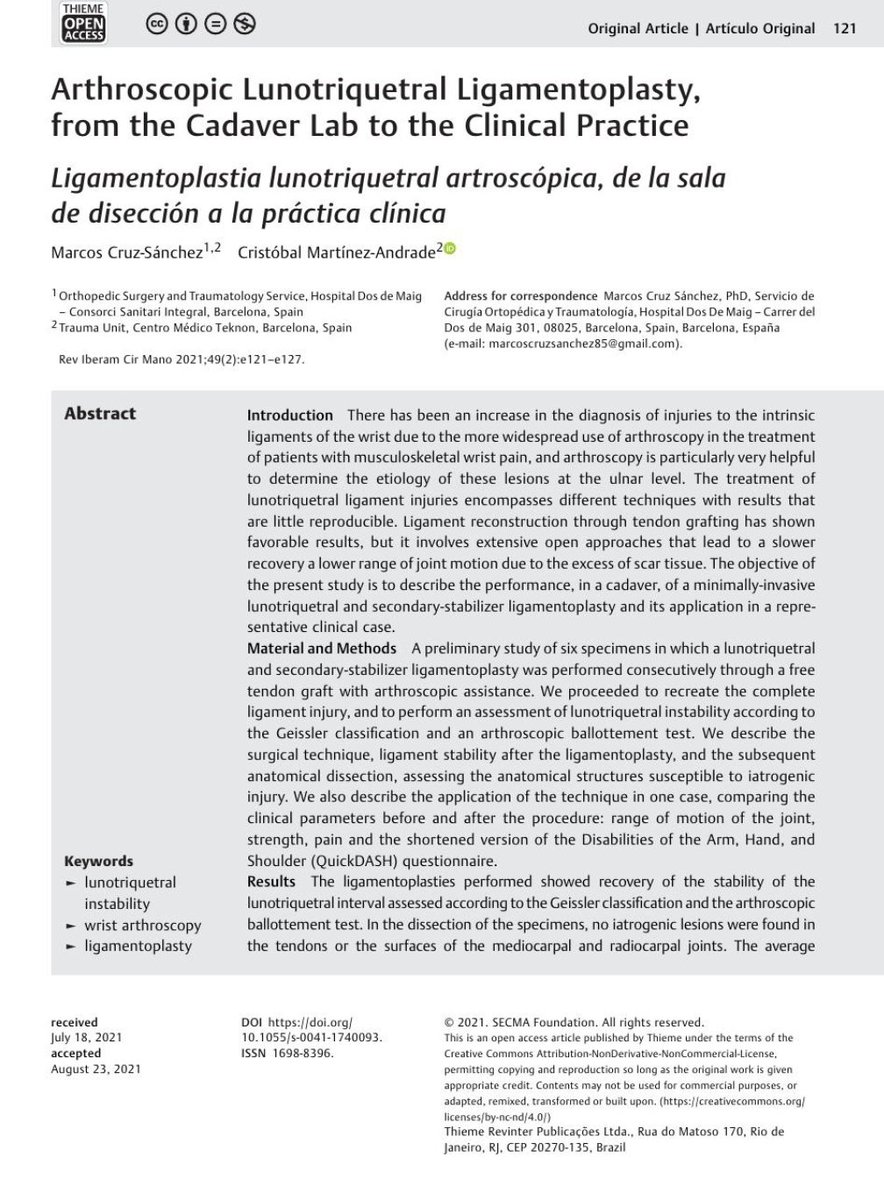 Aquí os presentamos nuestra última publicación. Trata sobre cómo reconstruir un ligamento importante para la muñeca de forma poco invasiva. 
Esperamos que os sea de ayuda, Feliz Navidad <a href="/DrCMartinezAnd1/">Dr. C. Martinez Andrade</a>