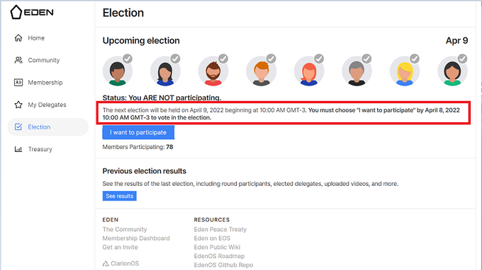 הבחירות הבאות ל EOS# ב Eden# יהיו ב-9 באפריל, 2022, בשעה 13:00