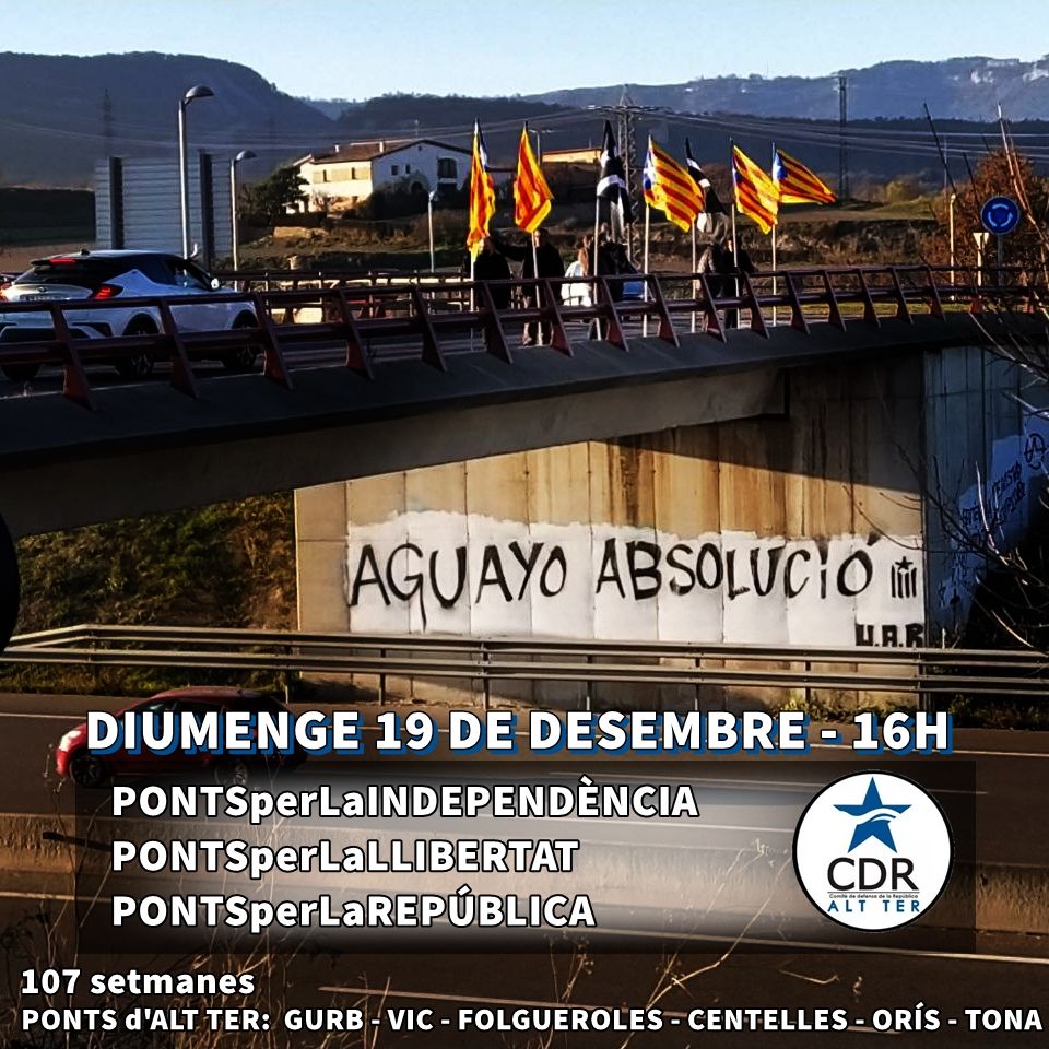 #PONTSperLaINDEPENDÈNCIA
Seguim una setmana més, i ja en són 107 ✊

 DIUMENGE 19/12/21 a les 16H.
#VIC:Pont de Malla C-17
#CENTELLES:Pont Sant Antoni C-17
#ORÍS:Pont Can Branques C-17
#GURB:Pont de Gurb C-25
#FOLGUEROLES:Pont Sant Jordi C-25
#TONA:Pont del Verinal C-17

Vine!