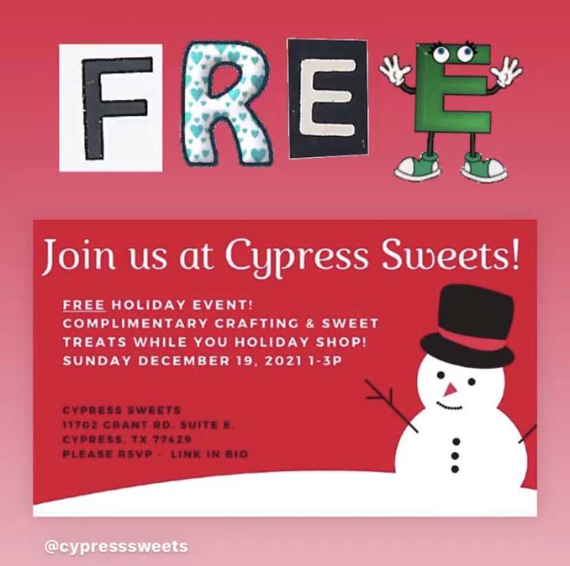 CypressSweets's tweet image. As seen on @houstonlifetv earlier this month, tomorrow is the day! You’re invited to the @CypressSweets FREE Christmas Celebration. Create your own #candycraft #cottoncandy snowman ⛄️ ornament. #houstonians #houstonkids