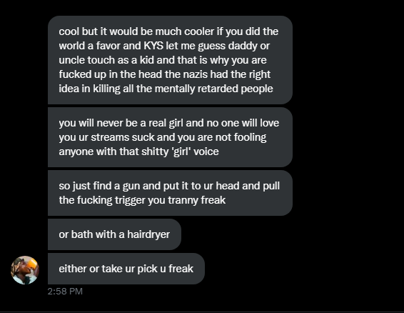 th4tg11tchb1tch's tweet photo. Why? What did I do to deserve this... not only did they dm on twitter but got into my discord and kept going after I blocked them... https://t.co/zpwxBdtyrw