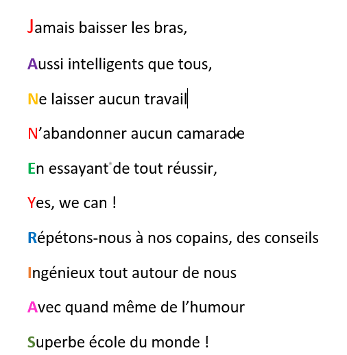 Voici l'acrostiche de présentation des CM1-CM2A de l'école des Fleurs à Janneyrias (38). #EQ30#twoulipo. On a hâte que ça commence !