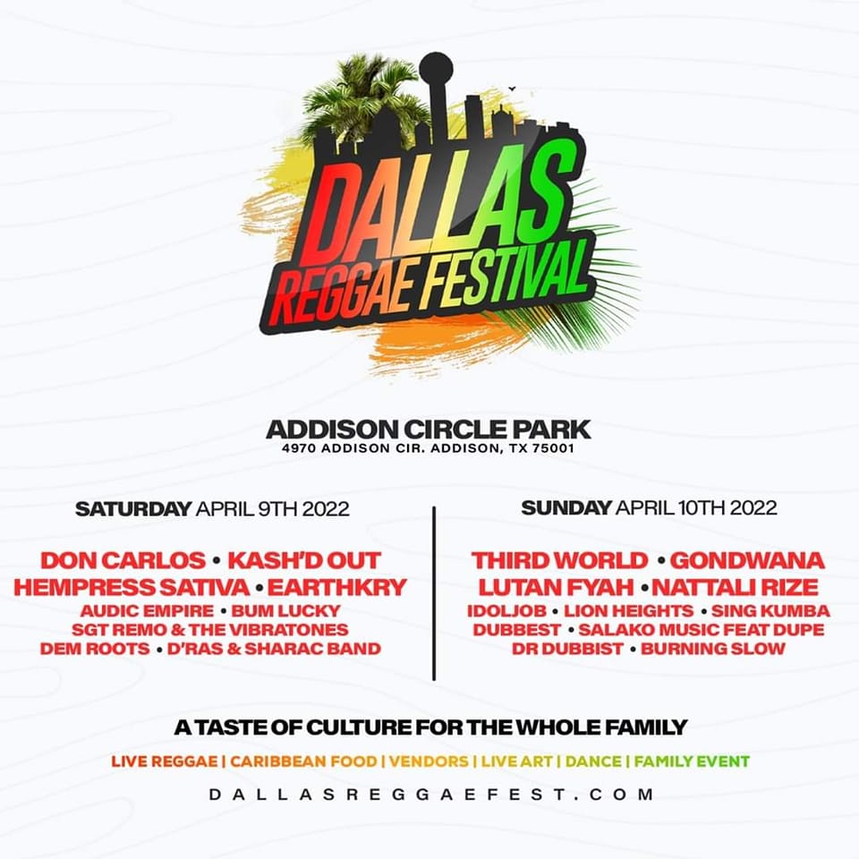 Dallas Massive! Dallas Reggae Fest this April! @DonCarlosReggae @earthkryband @HempressSativa @ThirdWorldBand @lutanfyah1 @NattaliRize + more! #reggae #festival #dallas #texas