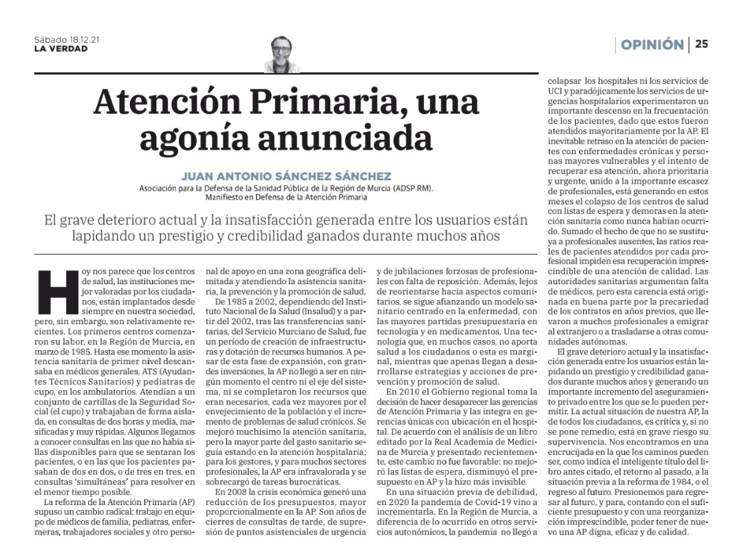 Atención Primaria, una agonía anunciada 
"El grave deterioro actual y la insatisfacción generada entre los usuarios están lapidando un prestigio y credibilidad ganados durante años"
Así reflexiona hoy en <a href="/laverdad_es/">laverdad_es</a>, Juan Antonio (@Juanssmf) uno de nuestros históricos socios.