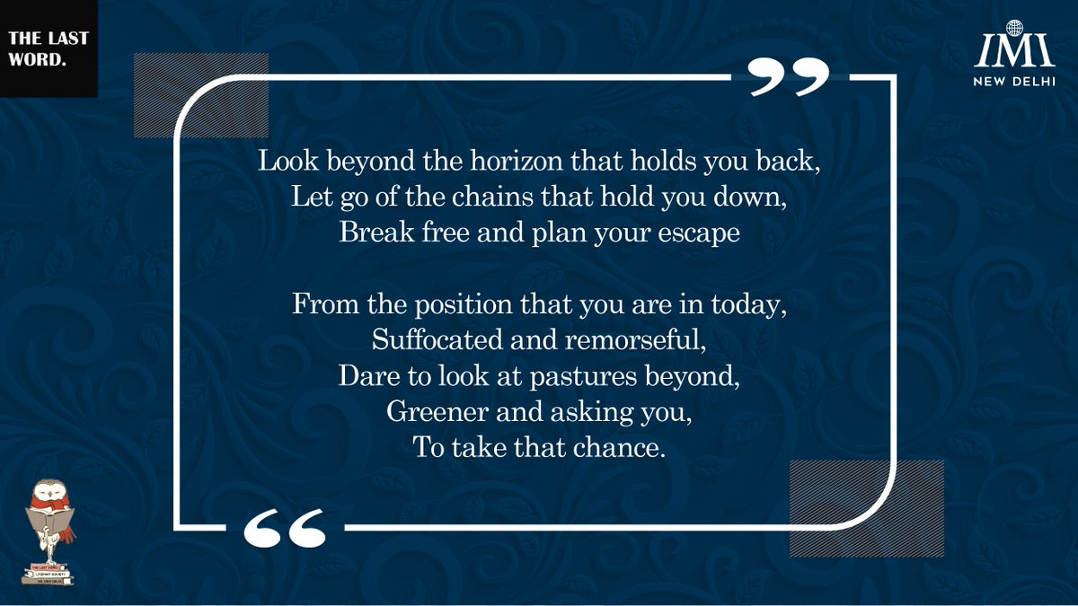 TheLastWordIMI's tweet photo. In this edition of mighty scribes, Abhinav Walia presents a manifesto of pioneers and changemakers. 

#MightyScribes #Fortnight #SunDownOwlOut #Poems #Creativity #Scribbles #Literature #Poem #PoemOfTheDay #Change #Inhibitions #Motivation #Inspiration #Dream #Artists #Writer https://t.co/tVPJVp2qjj