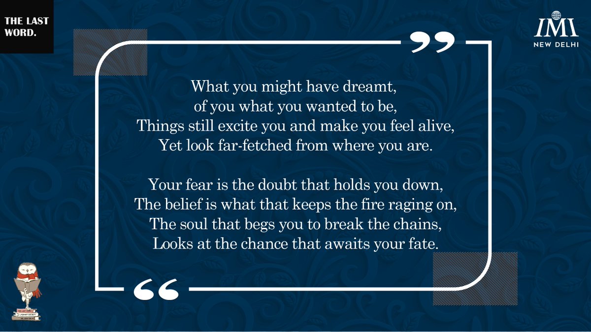 TheLastWordIMI's tweet photo. In this edition of mighty scribes, Abhinav Walia presents a manifesto of pioneers and changemakers. 

#MightyScribes #Fortnight #SunDownOwlOut #Poems #Creativity #Scribbles #Literature #Poem #PoemOfTheDay #Change #Inhibitions #Motivation #Inspiration #Dream #Artists #Writer https://t.co/tVPJVp2qjj
