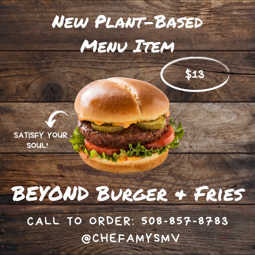 Introducing a new #PlantBased <a href="/BeyondMeat/">Beyond Meat</a> burger meal w/ all the fixings on a toasted bun, served with your choice of regular or sweet potato fries.
📲Call to order: 508-857-8783
#ChefAmysFoodTruck #ChefAmysMV #FoodTruck #MarthasVineyard #MV #BlackOwnedBusiness #Vegetarian #Vegan