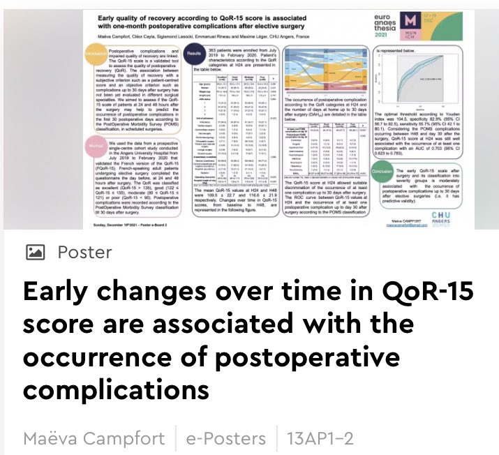 Maxime Léger (@mxmleger) on Twitter photo Merci <a href="/MaevaCampfort/">Maëva Campfort</a> pour sa belle présentation virtuelle 💻🎤
#Euroanaesthesia2021
➡️ Early QoR-15 values and postoperative complications at D30
Publication coming very soon ! Merci <a href="/MaevaCampfort/">Maëva Campfort</a> pour sa belle présentation virtuelle 💻🎤
#Euroanaesthesia2021
➡️ Early QoR-15 values and postoperative complications at D30
Publication coming very soon !