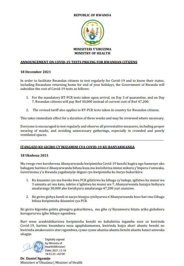 RwandaHealth's tweet photo. Guhera nonaha, igiciro cyo kwipimisha #COVID19 hakoreshejwe RT-PCR ku abanyarwanda batuye  cyangwa bagarutse mu Rwanda ni amafaranga 30,0000.  
----
Effective immediately, Rwandan citizens including Rwandans returning home will pay  RWF 30,000 for a #COVID19 RT-PCR test. https://t.co/bVj2c4zGZd