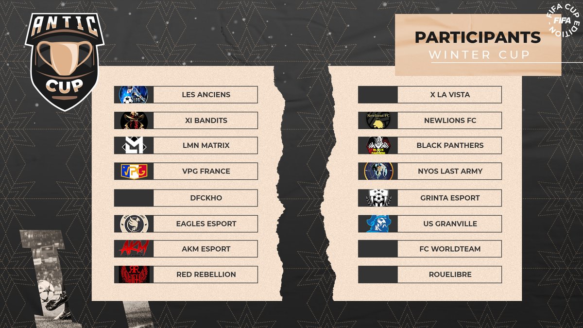 🏆#TOURNOI #FIFA22 #CLUBPRO

Fin de la phase de Check-In 👏

Voici les seize équipes qui s'affronteront ce soir pour tenter de remporter les 50€ de gains pour l'édition de Noël de l'Antic Cup 🎅
