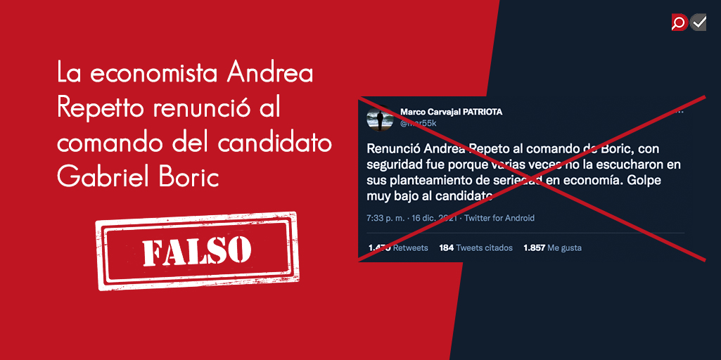 Andrea Repetto confirmó a nuestro medio que dichos rumores son falsos. La economista sigue siendo parte del equipo asesor externo de Gabriel Boric, incluso participó del último capítulo de la franja del candidato. wp.me/pcf0If-1CF