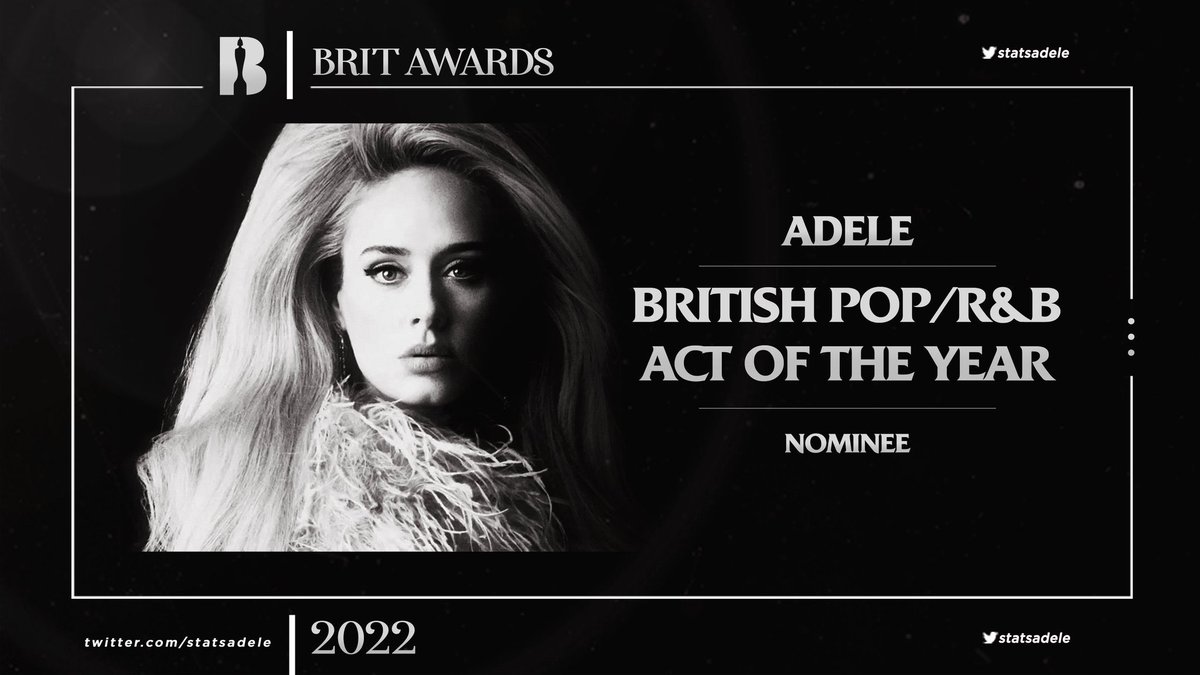 Adele receveid four nominations on #BRITs.

• British Artist Of The Year
• British Album Of The Year
• British Single Of The Year
• British Pop/R&amp;B Act Of The Year