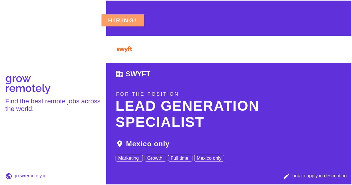 growremotelyio's tweet image. Check out this job at Swyft for the position Lead Generation Specialist.

 Apply link: growremotely.io/?id=61bd27088d…

#hiring #remotejobs #Swyft #SalesandMarketing
