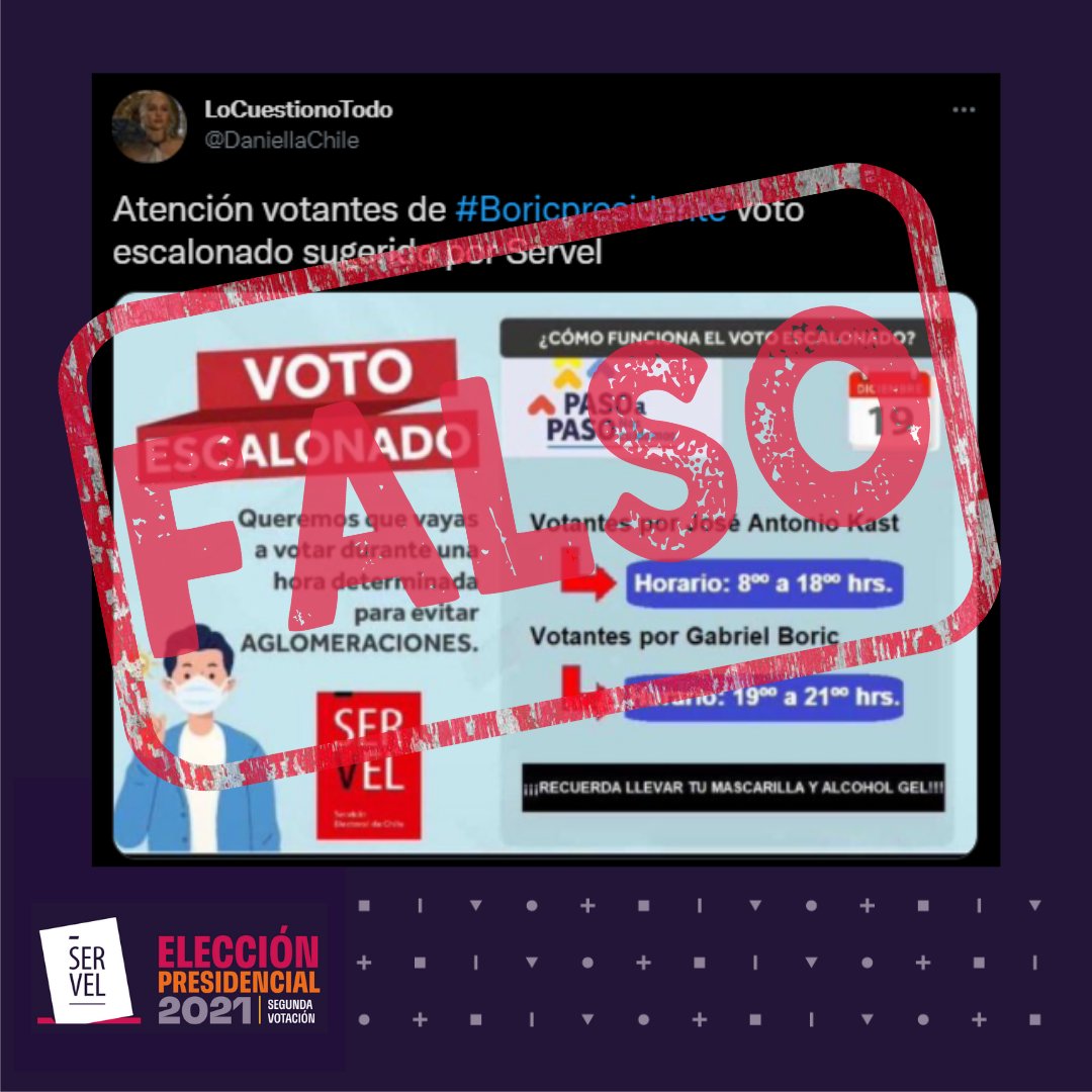 ServelChile's tweet photo. NOTICIA FALSA | Desmentimos tajantemente esta información que circula por redes sociales. El horario de esta segunda votación presidencial es de 8:00 a 18:00 horas para ambas candidaturas. No existe el horario escalonado. 

#Elecciones2021CL https://t.co/jtRPwbjJj6