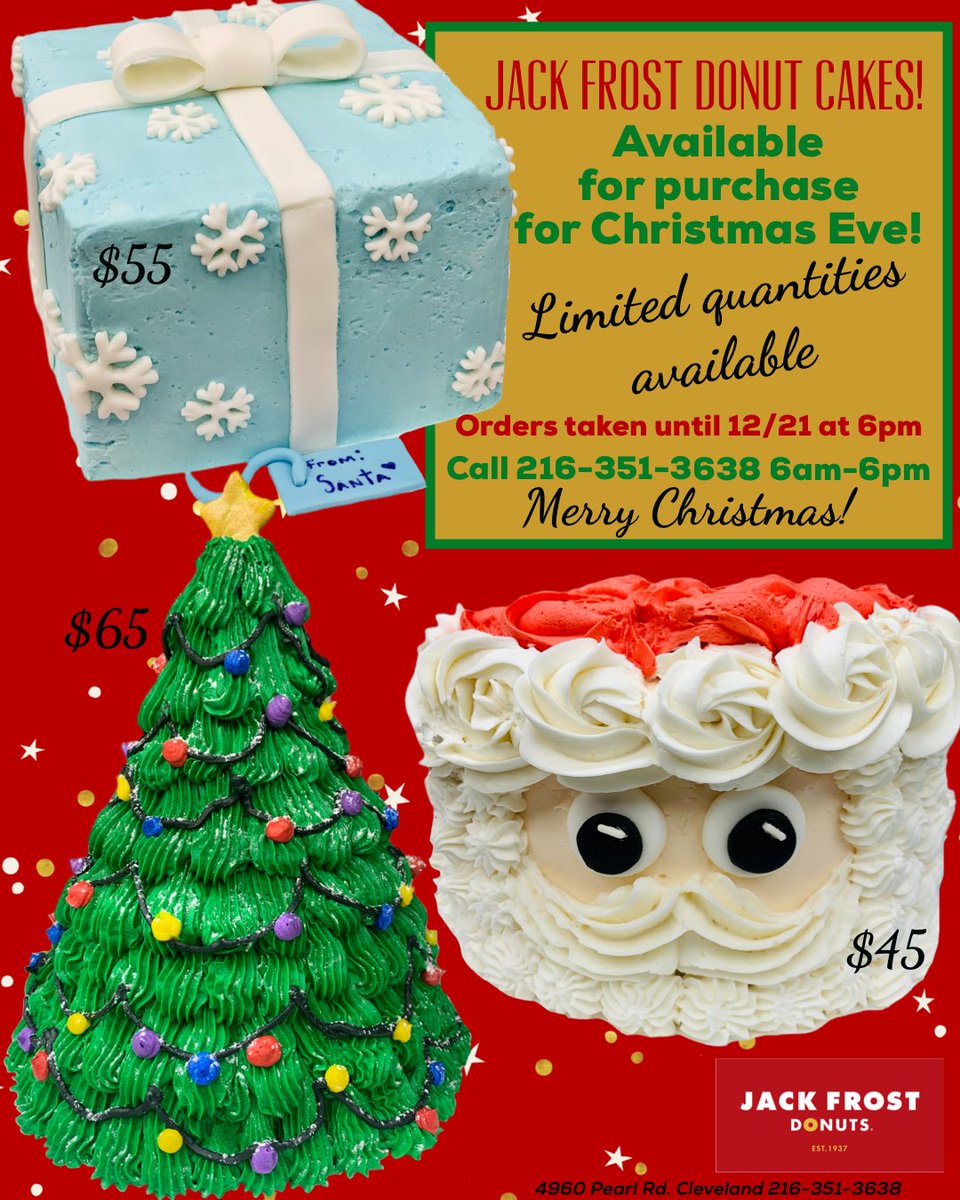 JackFrostDonuts's tweet photo. 🎄We are so excited to offer these three beautiful donut cakes for Christmas!🎄
A very limited number of orders will be taken.  Orders are being accepted now through Tuesday, 12/21 at 6pm. Pick up is Christmas Eve only, between 6am-4pm. https://t.co/lCyRvscTkQ