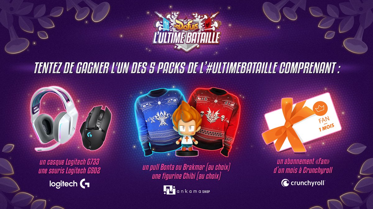 À l'occasion de L'#UltimeBataille, nos partenaires <a href="/LogitechGFrance/">Logitech G France</a> et <a href="/Crunchyroll_fr/">Crunchyroll FR ✨</a> vous proposent de tenter de gagner l'un de ces 5 packs. 😍 

Pour cela, il vous suffit de Follow <a href="/DOFUSfr/">DOFUS</a> et de RT ce post ! ⬇️
TAS ce mardi 21 décembre à 16h00 !

📺 twitch.tv/lestream