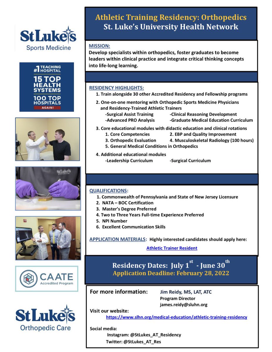 StLukes_AT_Res's tweet photo. We are looking forward to welcoming our next cohort of residents in 2️⃣0️⃣2️⃣2️⃣‼️ 
Are you interested in pursuing the path of becoming an orthopedic specialist and an advanced practice clinician? Come learn from our amazing faculty who are leaders in the profession!⚕️
APPLY today! https://t.co/eQkmGbl74o