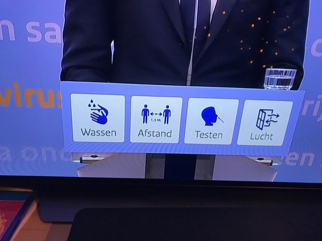 Prima vier pictogrammen bij de persconferentie, maar waarom niet beginnen met de belangrijkste: laat je vaccineren! #coronamaatregelen
