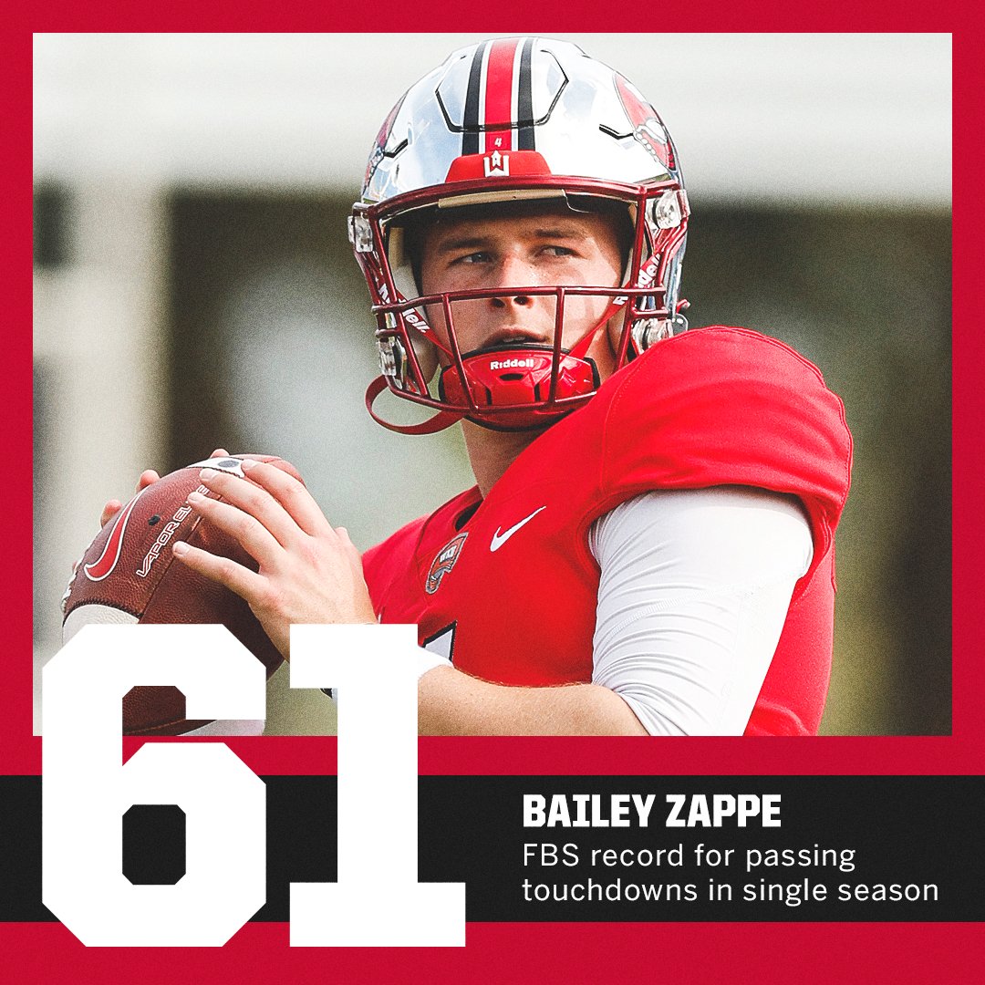 espn's tweet image. HISTORY FOR BAILEY ZAPPE! 

The Western Kentucky QB now holds the FBS record for touchdown passes in a single season 👏 @WKUFootball