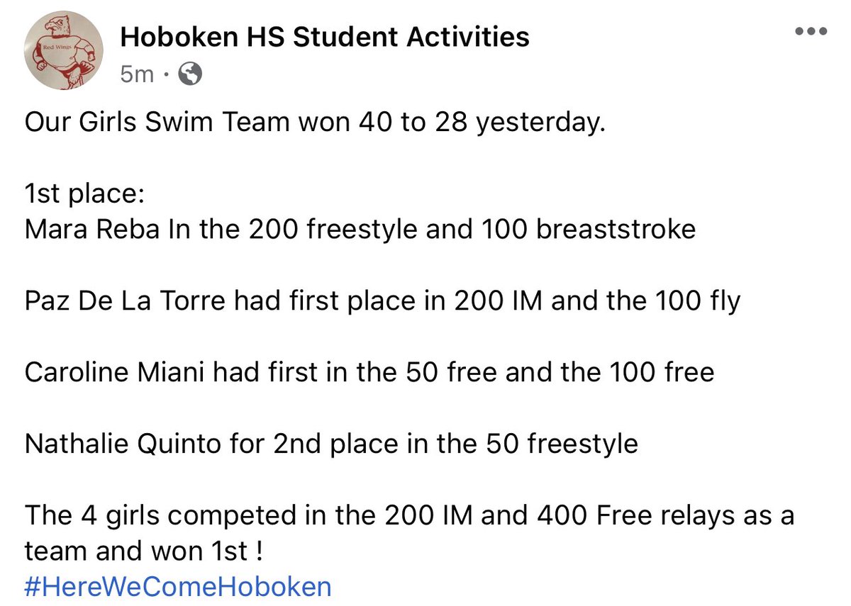 HobokenStudent's tweet photo. Our Girls Swim Team won 40 to 28
and 4 athletes competed in the 200 IM and 400 Free relays as a team and won 1st Place! #HereWeComeHoboken https://t.co/x4bERV5Dj8