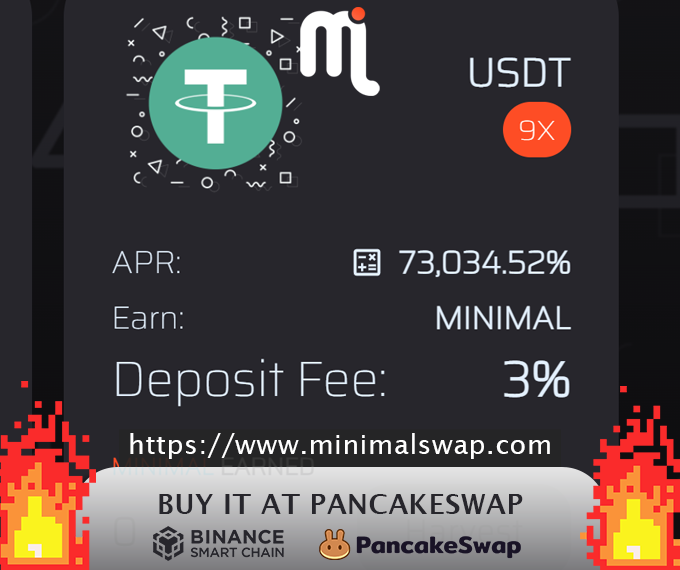 MinimalSwap's tweet image. minimalswap.com
Farm launched

$Minimal:
pancakeswap.finance/swap?inputCurr…

3% Deposit Fee 
Extra Juicy APR

#TokenSale #YieldFarming #BSC #binancesmartchain #DeFi #hiddengem #binance #tokens #token #BSCGem #ETH #BNB #BUSD #CAKE #BTC #bitcoin #Ethereum #airdrop