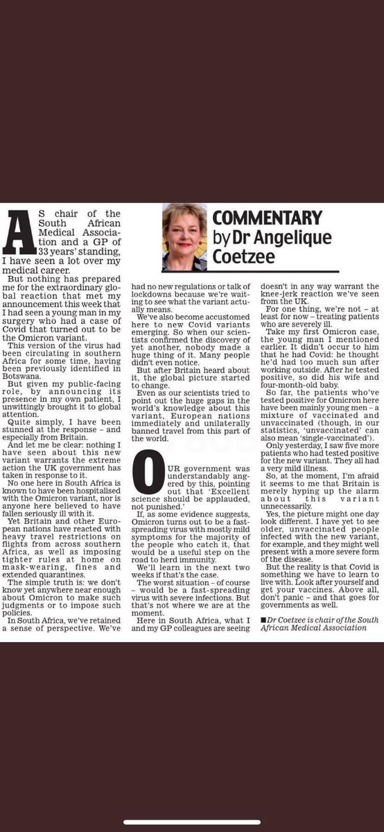Is big brother over reacting? “And let me be clear: nothing I
have seen about this new variant warrants the extreme action the UK government has taken in response to it.”