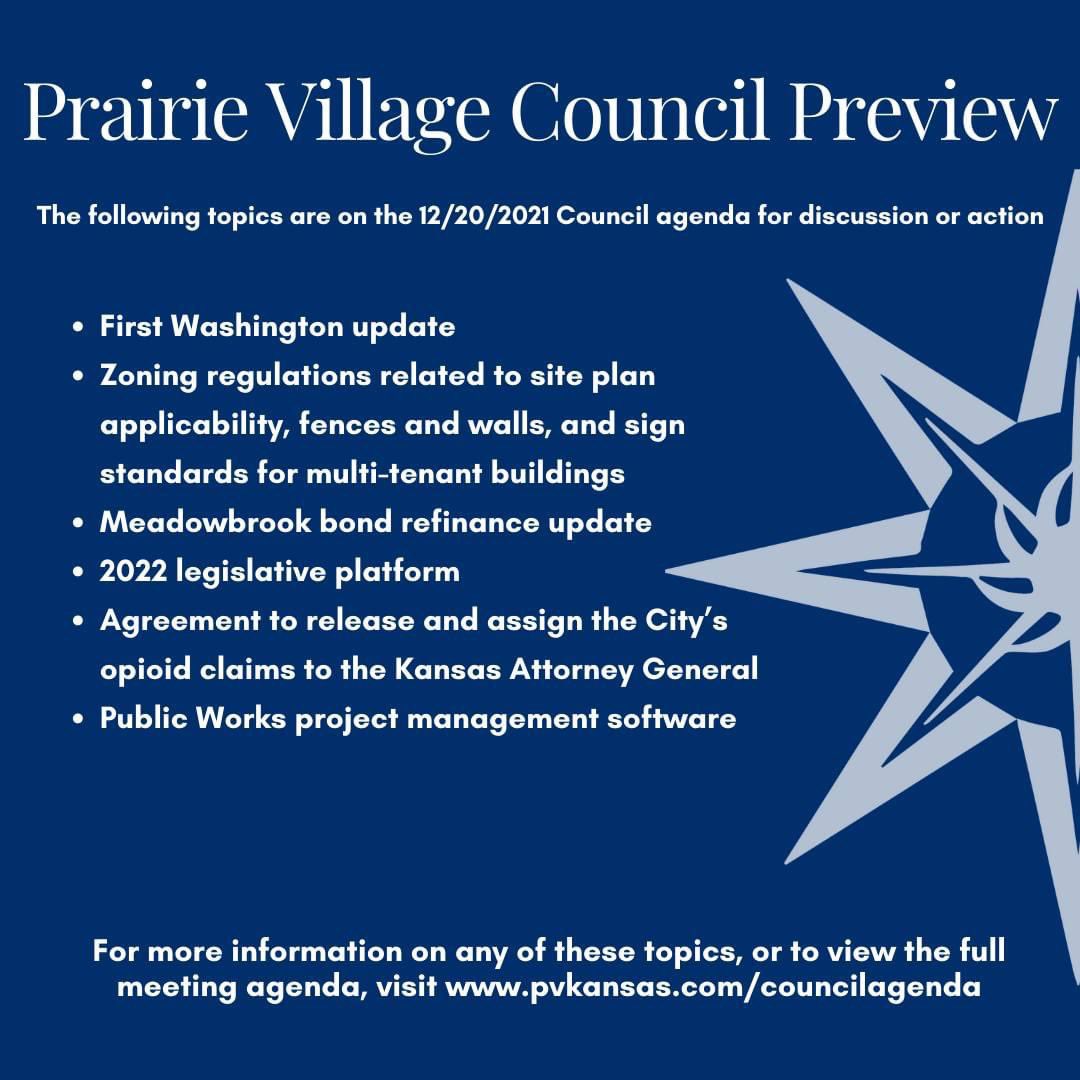 ColeforPV's tweet photo. @PrairieVillage City Council meets Monday for the final time in 2021. https://t.co/i2b3nJY45s