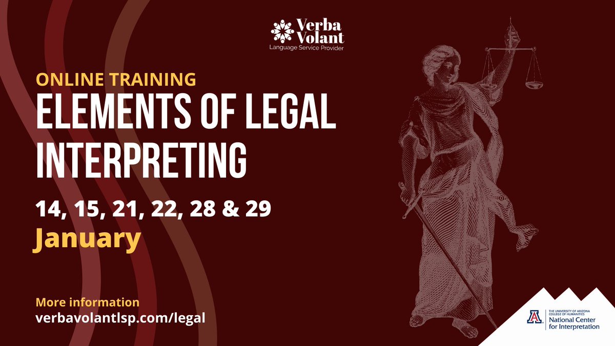 El webinar de hoy estuvo muy interesante. Si te lo perdiste, revisa tu correo porque ya enviamos la grabación. Te queremos desear un excelente fin de semana e invitar a "Elements of Legal Interpreting" en alianza con el NCI de la Universidad de Arizona. 
verbavolantlsp.com/legal
