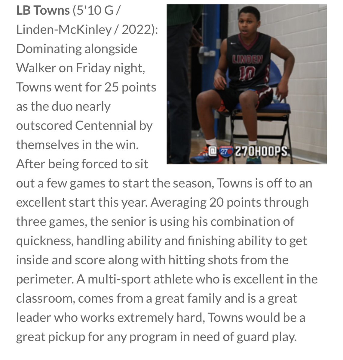 COLLEGE COACHES ‼️

LB TOWNS IS A TOP AREA GUARD ‼️

<a href="/lbtownsjr/">LB</a> 

For his full profile with career stats, linked highlights, linked full game video, academic status, and parent information please direct message team page here or email inquiries to 
kdarthardjr@columbus.k12.oh.us