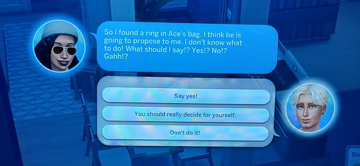 WeirdMusketeer's tweet photo. @lilsimsie so the same thing happened to me, she asked me if she should marry me... I said: decide for yourself. She did not appreciate that. Oops. #TheSims4 #TheSims https://t.co/srDqGfXJz9
