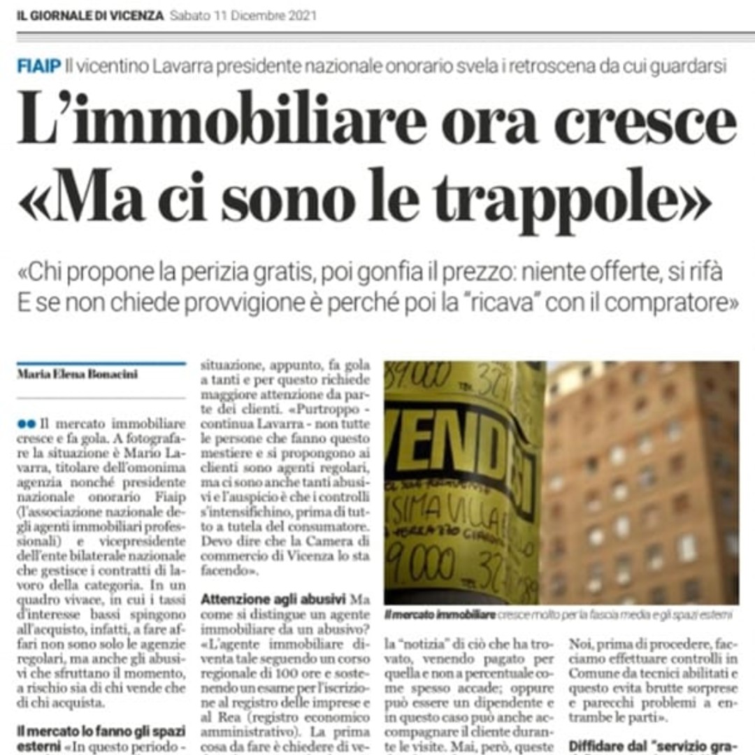 Fiaip's tweet photo. 👉Abusivi e provvigione zero. ➡️ Ne parla sul Giornale di Vicenza Mario Lavarra Presidente onorario Fiaip. #esserefiaip #fiaipvicenza https://t.co/6nxNcJ80YO
