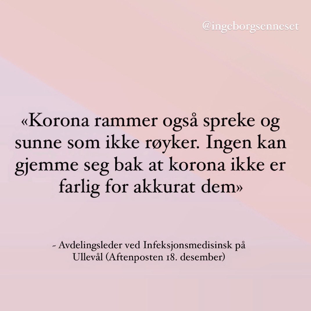 En norsk influenser med flere titusen følgere postet dette i går: 

«Har ikke tenkt til å ta [vaksine] med mindre det blir tvang 😂  Ikke noe annet grunn enn at jeg ikke har lyst»

Nå er jeg ikke forbanna lenger, og vil svare: instagram.com/p/CXoqBnvsivk/…