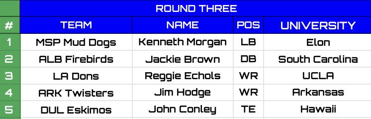 RetroToddMcShay's tweet image. And here is the final round, Round 3, of the RFNA G-League Draft! You are now free to DM about signing any undrafted free agents to fill your roster. They are first come, first serve.