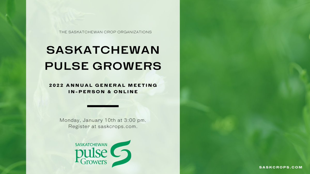 SaskCrops (@saskcrops) on Twitter photo Join us on Monday, January 10th, in-person or virtually for <a href="/SaskPulse/">Saskatchewan Pulse Growers</a> AGM. For more information and to register visit ow.ly/skto50H8Ya4. #SkCropOrganizations #Saskatchewan #Agriculture #SkFarming #SaskAg #WestCdnAg Join us on Monday, January 10th, in-person or virtually for <a href="/SaskPulse/">Saskatchewan Pulse Growers</a> AGM. For more information and to register visit ow.ly/skto50H8Ya4. #SkCropOrganizations #Saskatchewan #Agriculture #SkFarming #SaskAg #WestCdnAg