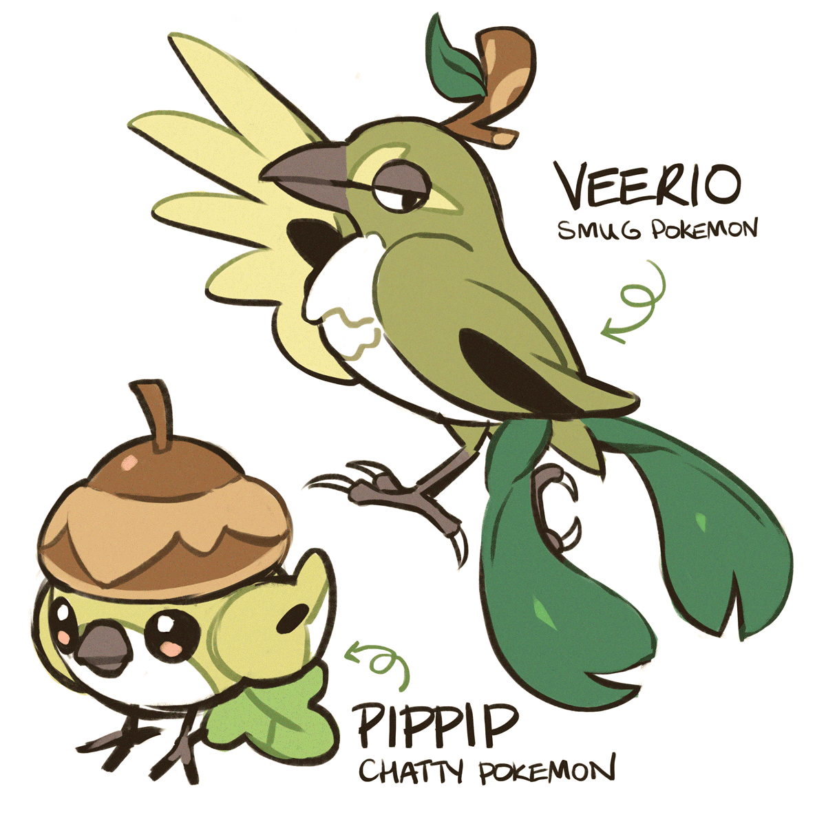 soteikat's tweet photo. I still rly like my grass/psychic starter line hehe....Pippip --> Veerio --> Auspreen (who is still just concept doodles)! 🍃🔮 https://t.co/h8ADM9Lnln