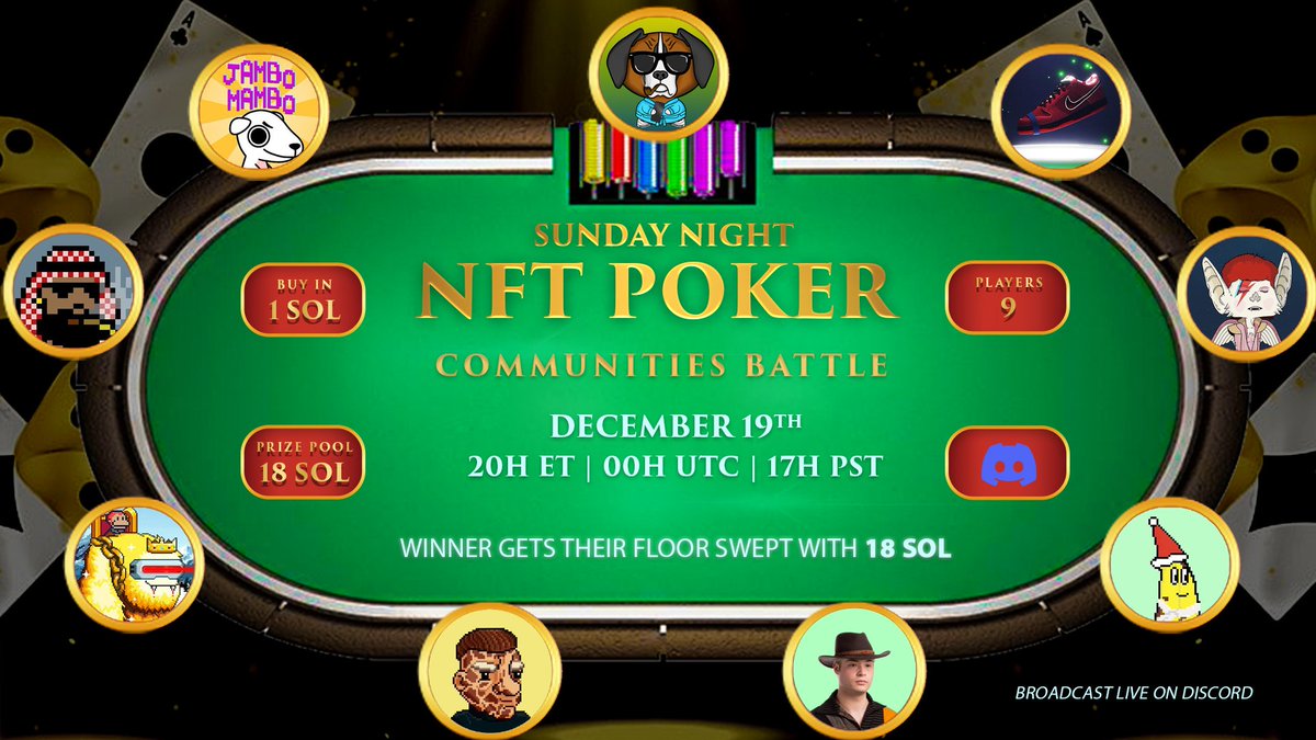 diamondsoldogs's tweet photo. 🔥POKER NIGHT | COMMUNITIES BATTLE🔥

@JonasbelonnS for @diamondsoldogs 
@jpegmaximalist for @JamboMamboLand 
@AlezEdvard for @MetaMounts 
@DabDotSpot for @SolanaSneakers 
Salam for @arabpunkz 
Ben for @StockTylers 
@NewBatCity ? 
@pawnshopgnomies ? 
@SolanaBananas ? 
👇 https://t.co/pPbytihLMx