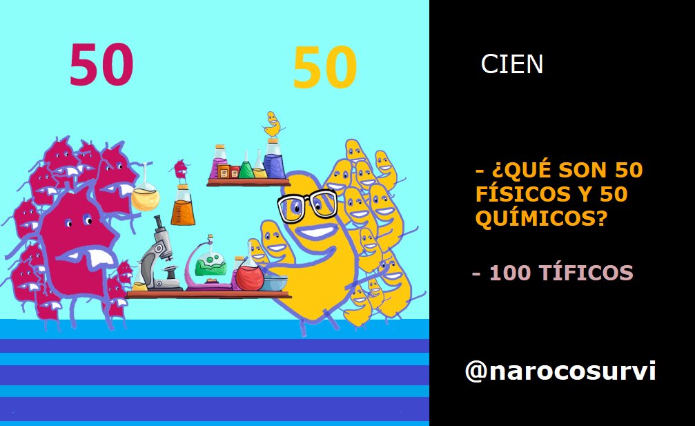 narocosurvi's tweet photo. -- ¿QUÉ SON 50 FÍSICOS Y 50 QUÍMICOS?
- 100TÍFICOS
 #narocosurvi #chiste #100tíficos #ciencia #50+50 https://t.co/TBDHZRVqrt