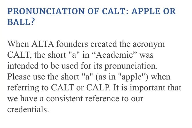 Alabama_Reading's tweet photo. Thanks, ALTA,  for clearing this up for everyone one.  CALT is pronounced with an “a” as in apple. https://t.co/2xz0GIxrZU