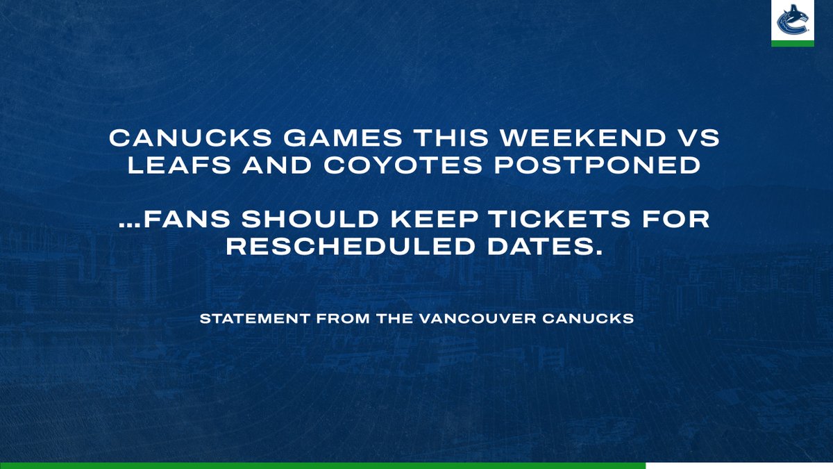 The National Hockey League announced today due to a number of Toronto and Vancouver players entering COVID protocol over the past two days, today's Toronto-Vancouver game and tomorrow's Arizona-Vancouver games have been postponed.

DETAILS | canucks.co/MxS950HePbG