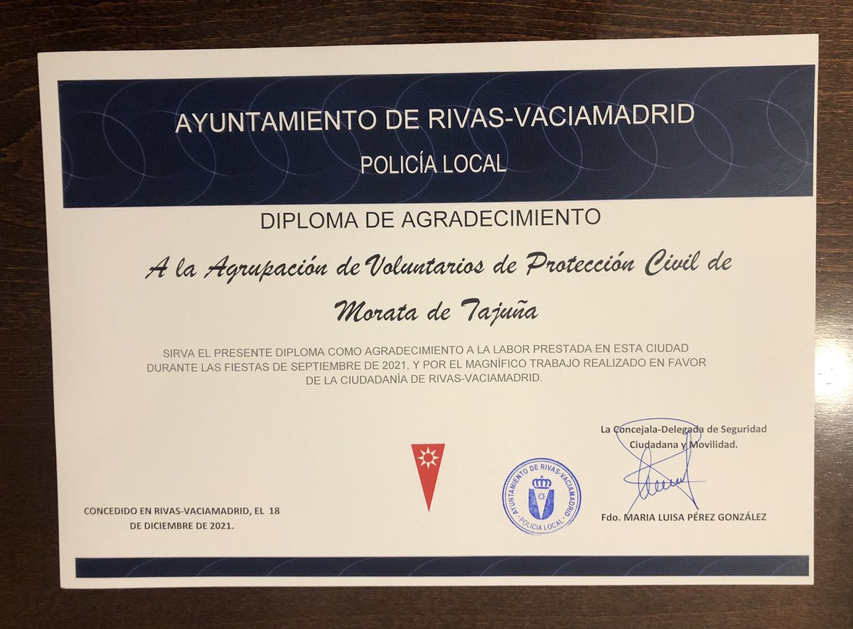 Hoy 18/12/2021 recibimos de parte del <a href="/AytoRivas/">Ayuntamiento de Rivas Vaciamadrid</a>  y <a href="/ProteRivas/">Prot.</a>  #Mencion por la colaboración prestada en sus Fiestas Patronales.
Gracias!!!!
<a href="/AytoRivas/">Ayuntamiento de Rivas Vaciamadrid</a> <a href="/Ayto_Morata/">Ayuntamiento Morata de Tajuña</a>  #LasProtesColaboran 🧡