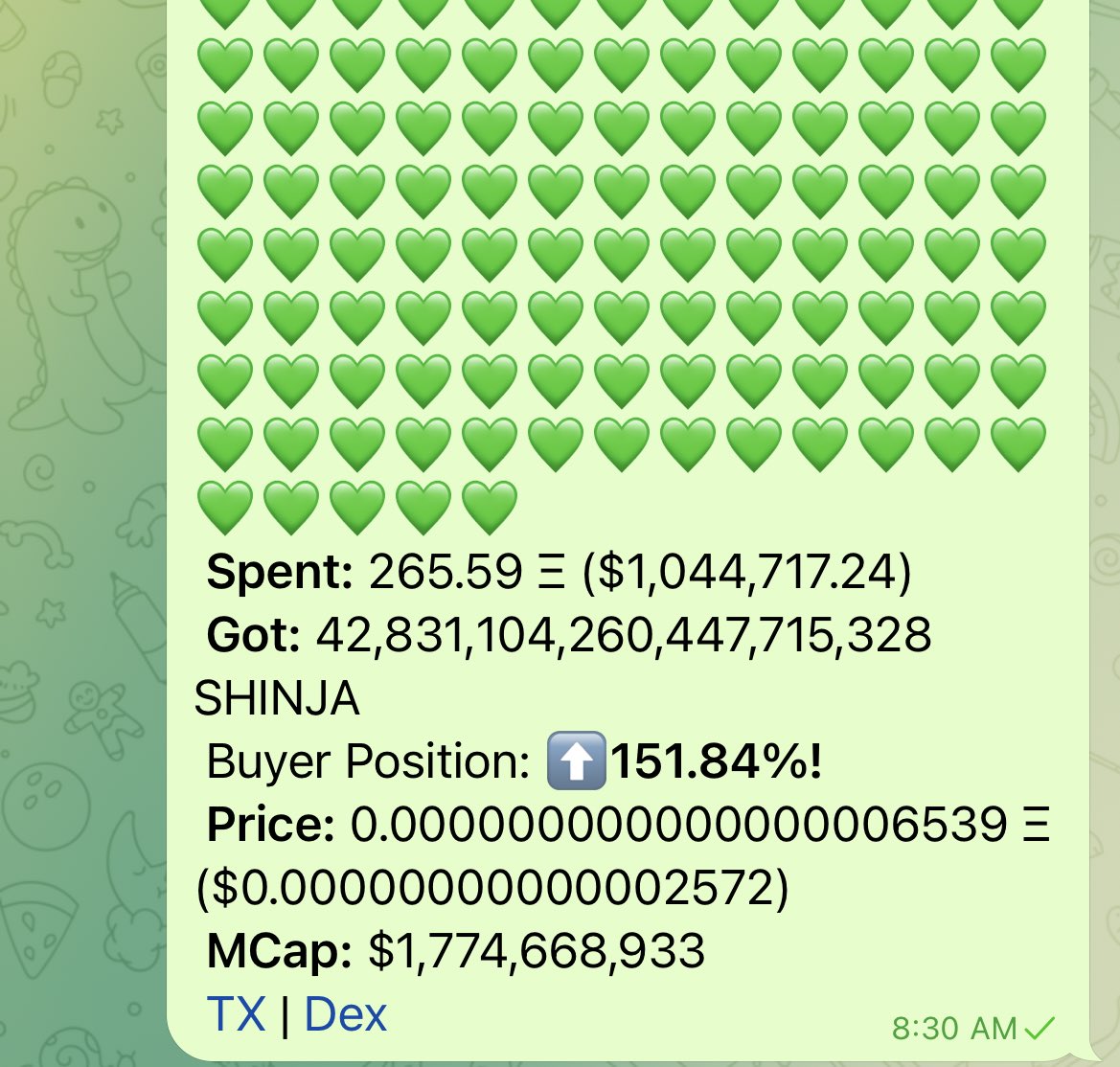 Shib_nobi's tweet photo. 🚨NEW RECORD🚨
USD $1,000,000+ 🔥🎉🎉
265.59 ETH $SHINJA BUY‼️

🥷🟢🟢🟢🟢🟢🟢🟢🟢🚀

#ShinjaIsTheNext1000X #ETH #Shibnobi #ATH #DojoSwap #KatanaWallet #KusariBlockchain #buidl #hodl #shib #altcoins #cryptocurrency #ethereum https://t.co/LiVwya6NWu