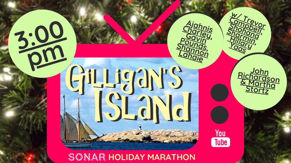 This one is truly going to be special. At 3pm we've got A VERY SPECIAL HOLIDAY SPECIAL COLD READ of GILLIGAN'S ISLAND! It's a stellar cast feat. <a href="/trevor_campbell/">Trevor Campbell</a>, @ajahnischarley, <a href="/GavinLbs/">Gavin Pounds</a>, <a href="/shannonlahaie/">Shannon Lahaie🐬</a>, @hillaryyaas, <a href="/marthamks/">Martha</a>, <a href="/soleahm/">soleah mays</a>, and <a href="/laseraccuracy/">John Richardson</a>!