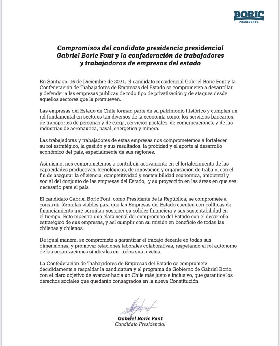 El compromiso de @gabrielboric con las empresas del Estado expresado en esta carta.
