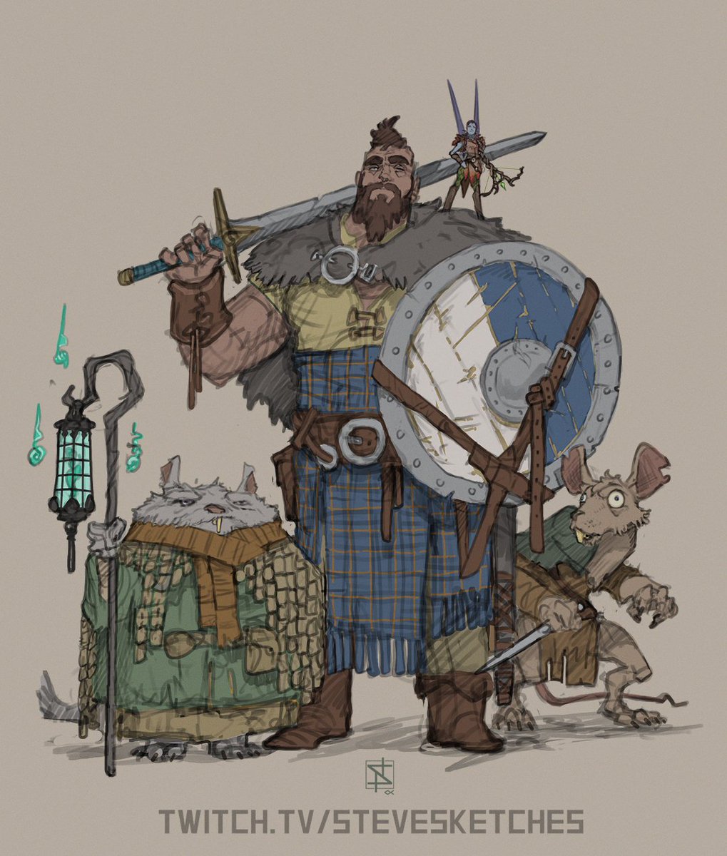 SteveSketches1's tweet photo. Seven days ago I had the pleasure of running my first in-person game of #dnd in nearly two years.  We chose to play in my homebrew setting, and it was such a joy to introduce people to the world my wife and I have been working so hard on.  This is a quick sketch of the party. https://t.co/zTk9FyY0os