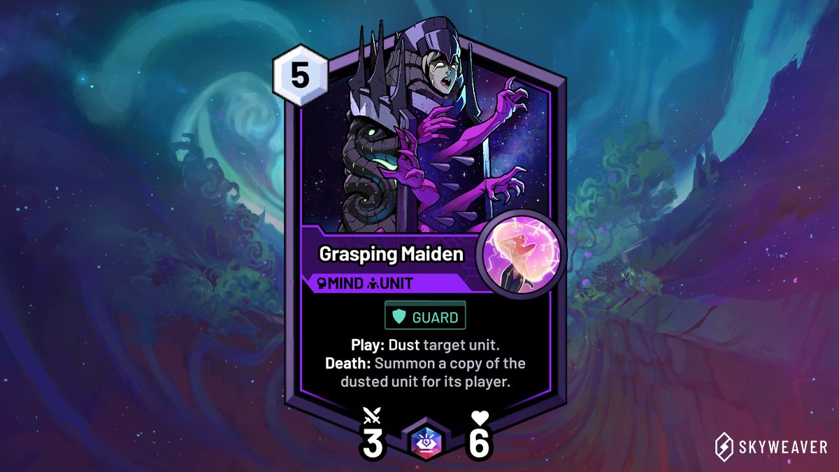 Today's card reveal is a 🧠 Mind 🧠 Unit from the 👁️ Wisdom Prism! Meet Grasping Maiden! A particularly fun top-down design based around the idea of a magical Iron Maiden. Who's excited about this one?

Tomorrow at 1pm EST we'll reveal one more card before Tuesday's livestream!