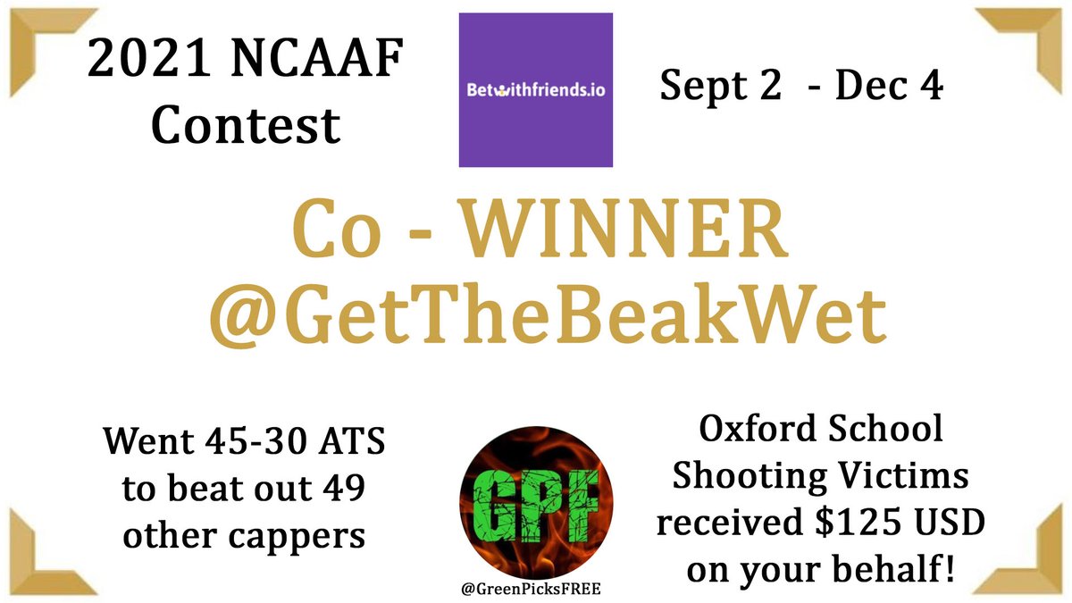 GreenPicksFREE's tweet image. Congratulations to @GetTheBeakWet who tied for FIRST PLACE in our 2021 NCAAF contest.

@GetTheBeakWet has chosen the Oxford School Shooting Victims to receive his $125 charity prize.

Sponsored by @CoronaPicks Outlier Models - screenshots of donation will be posted soon.